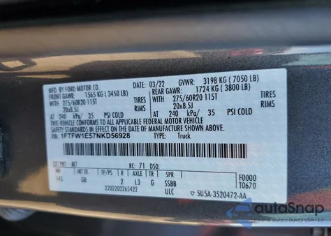 2022 Ford F150 Supercrew z USA, uszkodzony, nr VIN 1FTFW1E57NKD56928